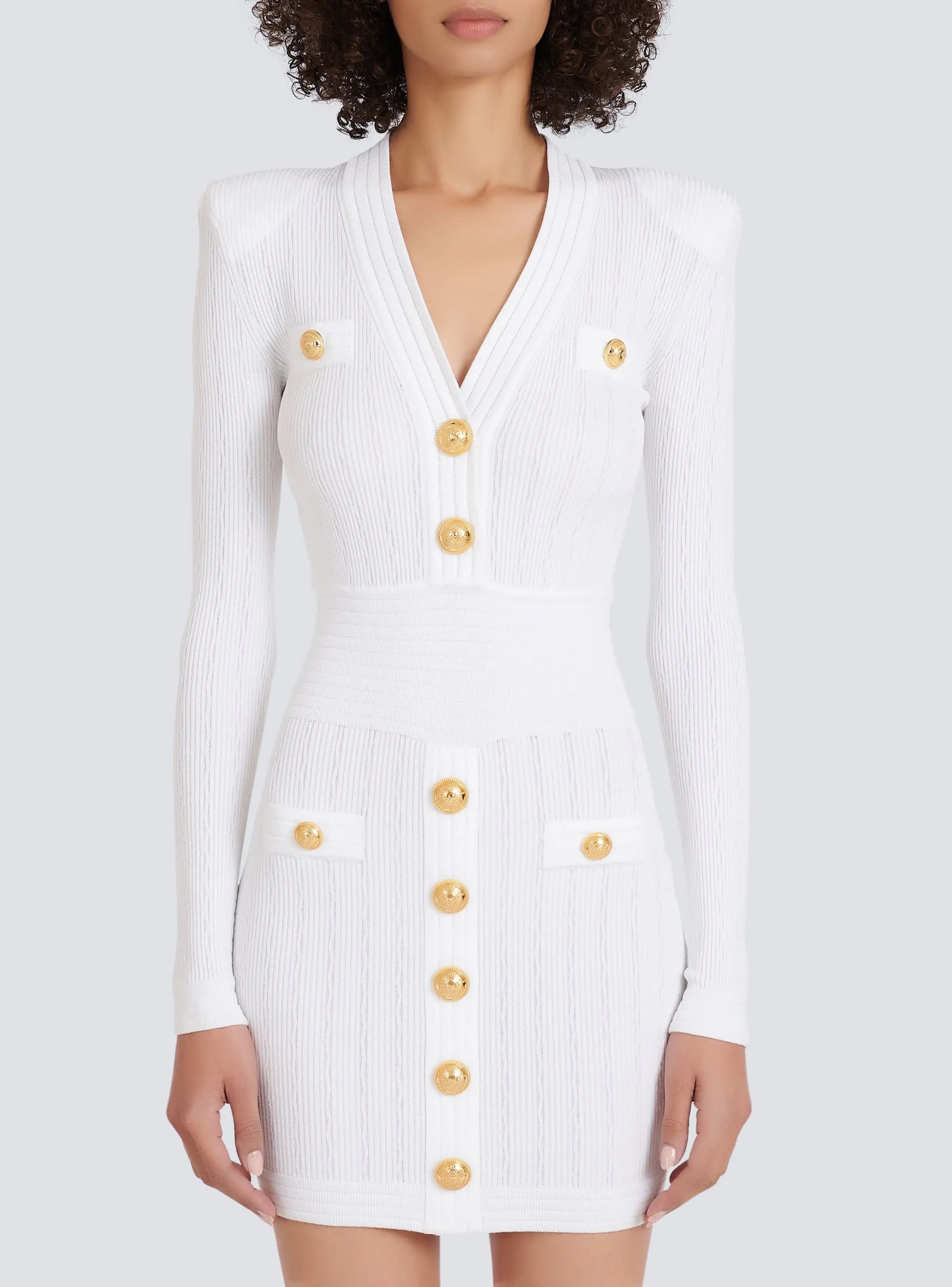 vicky v-neck button-detail ribbed mini dress in white Avalabel