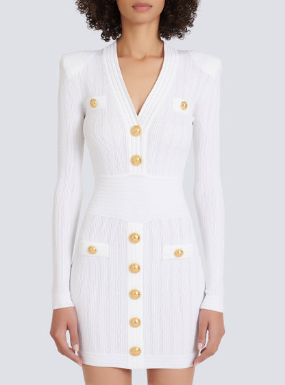 vicky v-neck button-detail ribbed mini dress in white
