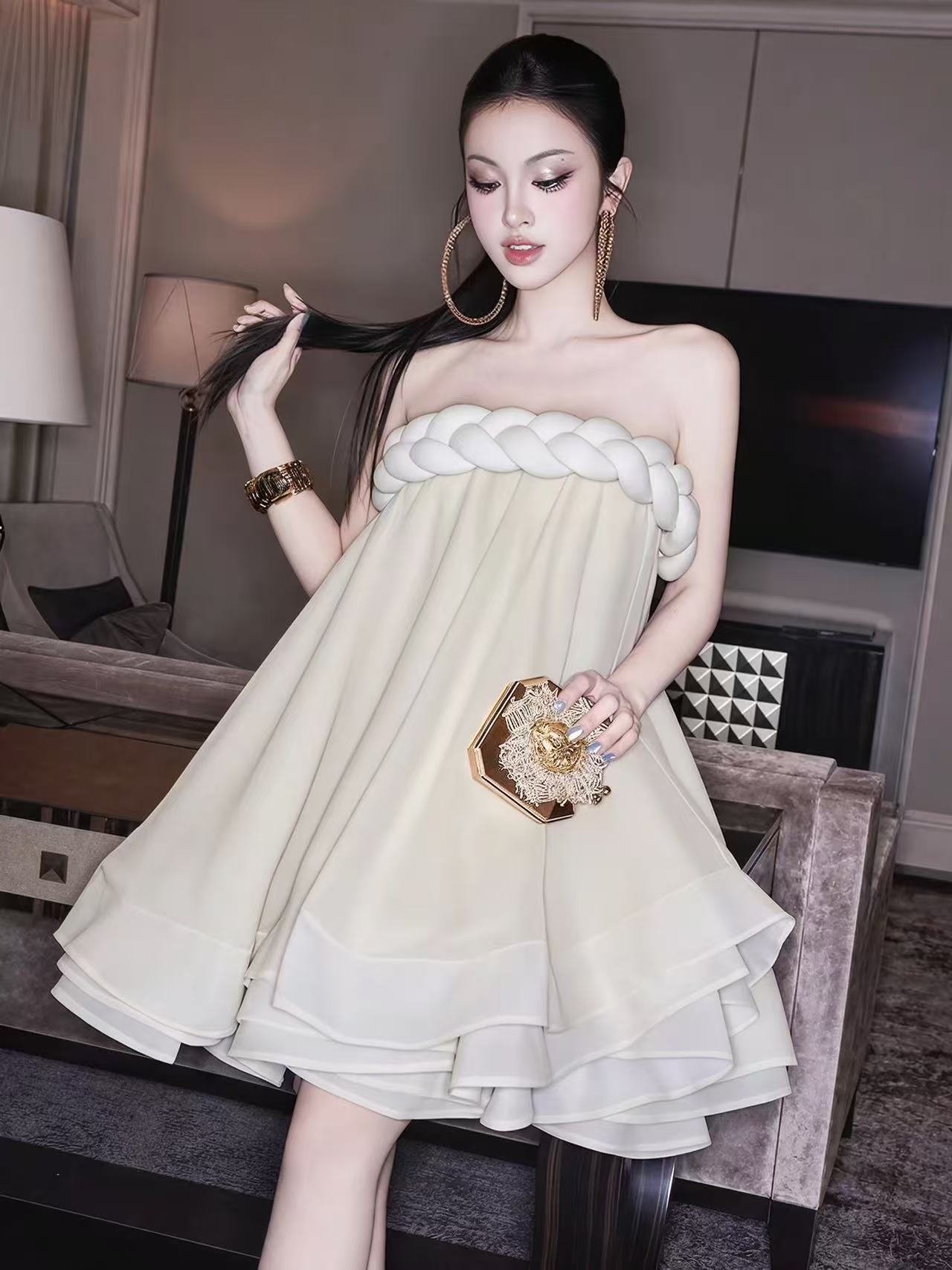 Hemp Rope Tube Top Tutu Skirt in Beige