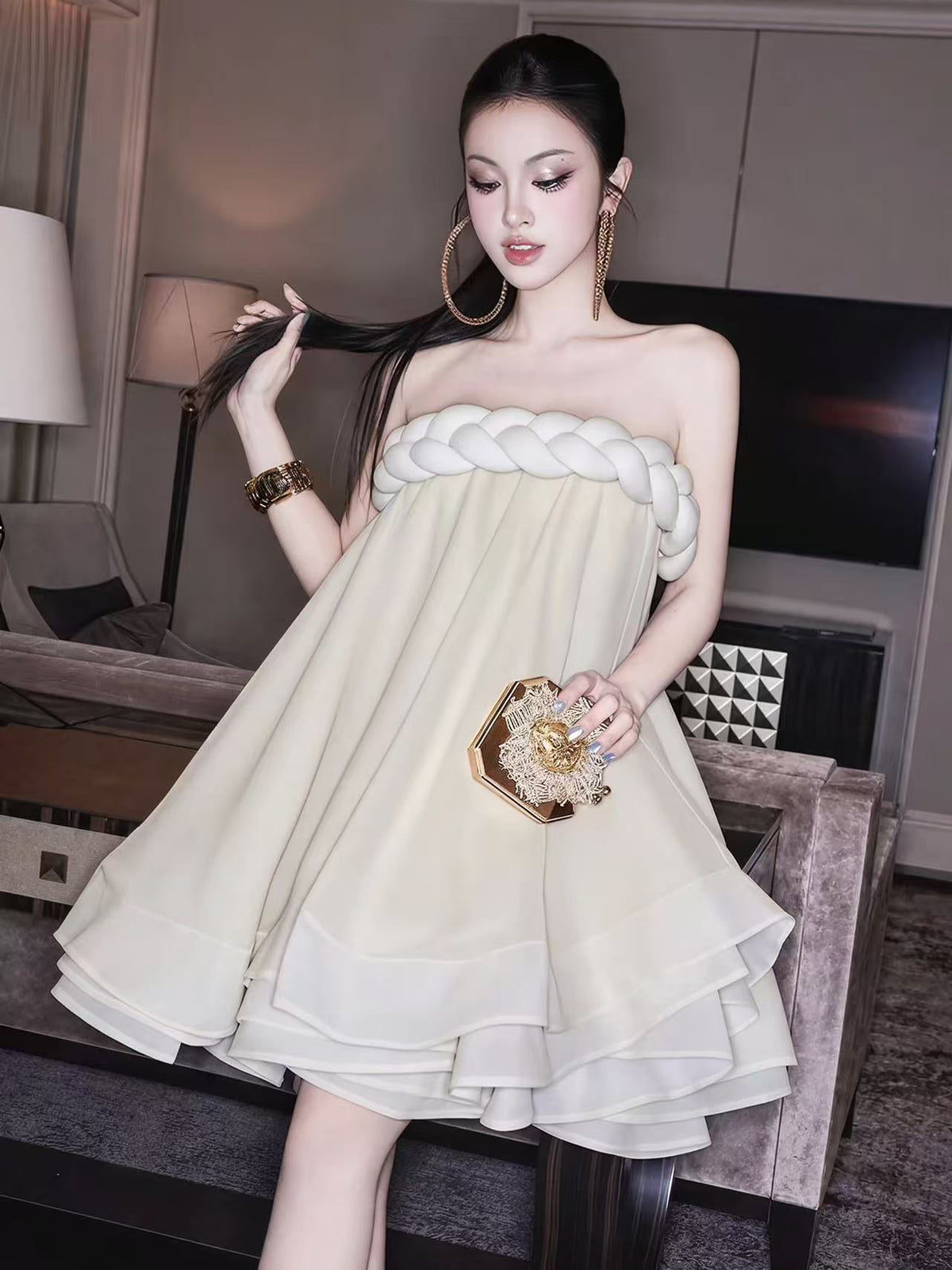 Hemp Rope Tube Top Tutu Skirt in Beige Avalabel