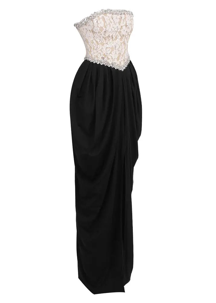 sharon Lace Beaded embellished Strapless Maxi Dress in black Avalabel