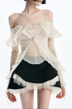 apricot One-shoulder tube top with backless ruffled mesh skirt set Avalabel