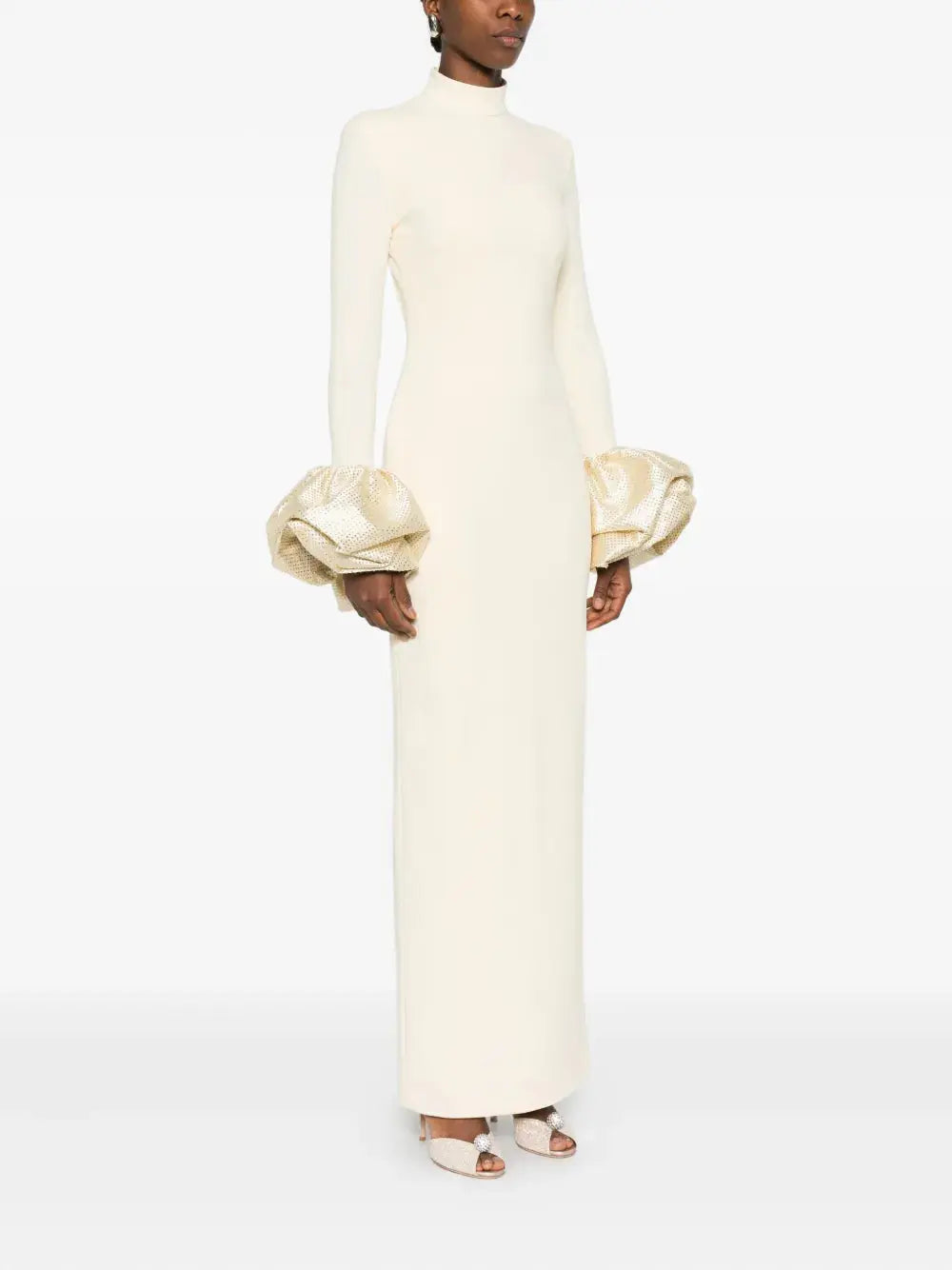 rachel white ruffled crystal-embellished crepe mock-neck gown Avalabel