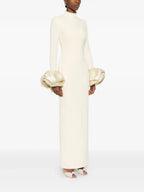rachel white ruffled crystal-embellished crepe mock-neck gown Avalabel