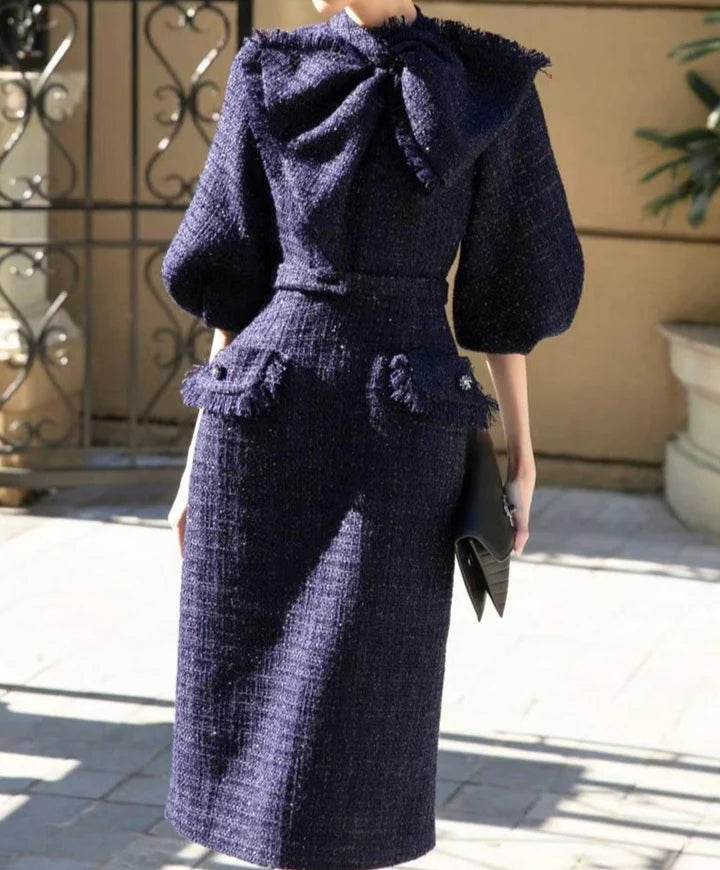 mildred Tweed bow collar midi dress in dark blue Avalabel