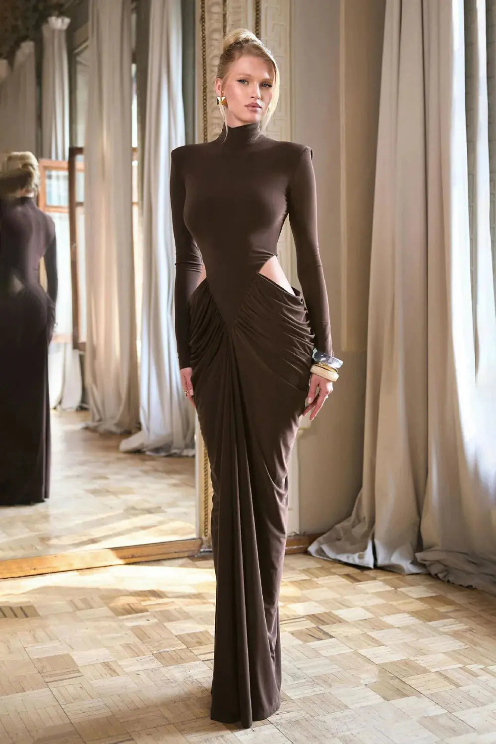 jacqueline Turtleneck Long Sleeve Cutout bodycon Gown in brown Avalabel