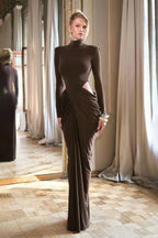 jacqueline Turtleneck Long Sleeve Cutout bodycon Gown in brown Avalabel