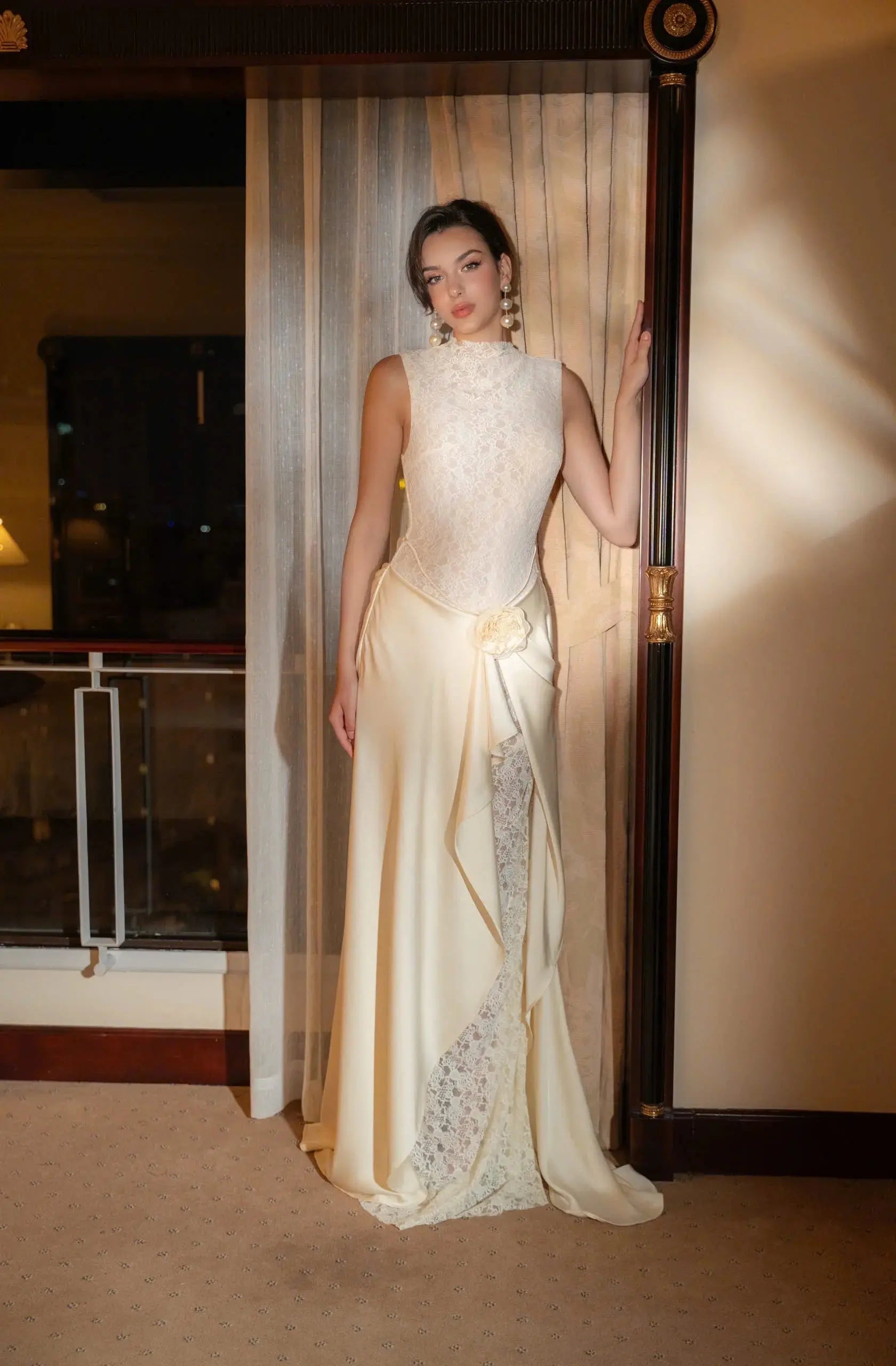 giselle flower embellished sleeveless lace maxi dress  in white Avalabel