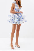 Helen 3D Flower Chiffon Ruffle Mini Dress in Blue Avalabel