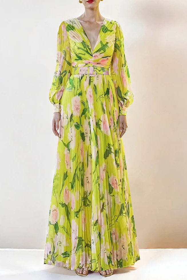 V-Neck Silk Printed Pleated Maxi Dress in Yellow