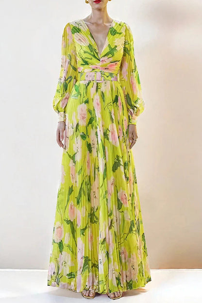 V-Neck Silk Printed Pleated Maxi Dress in Yellow