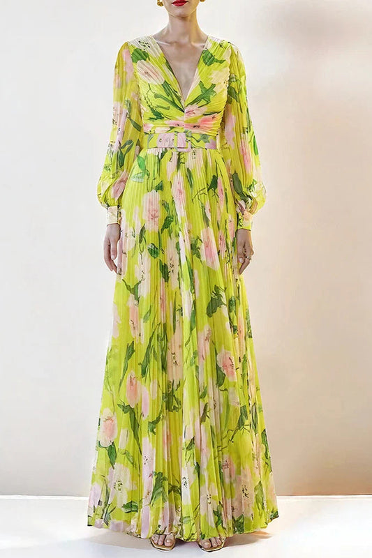 V-Neck Silk Printed Pleated Maxi Dress in Yellow