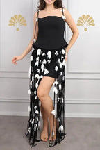 hilary black flower tassel strapless mini dress Avalabel