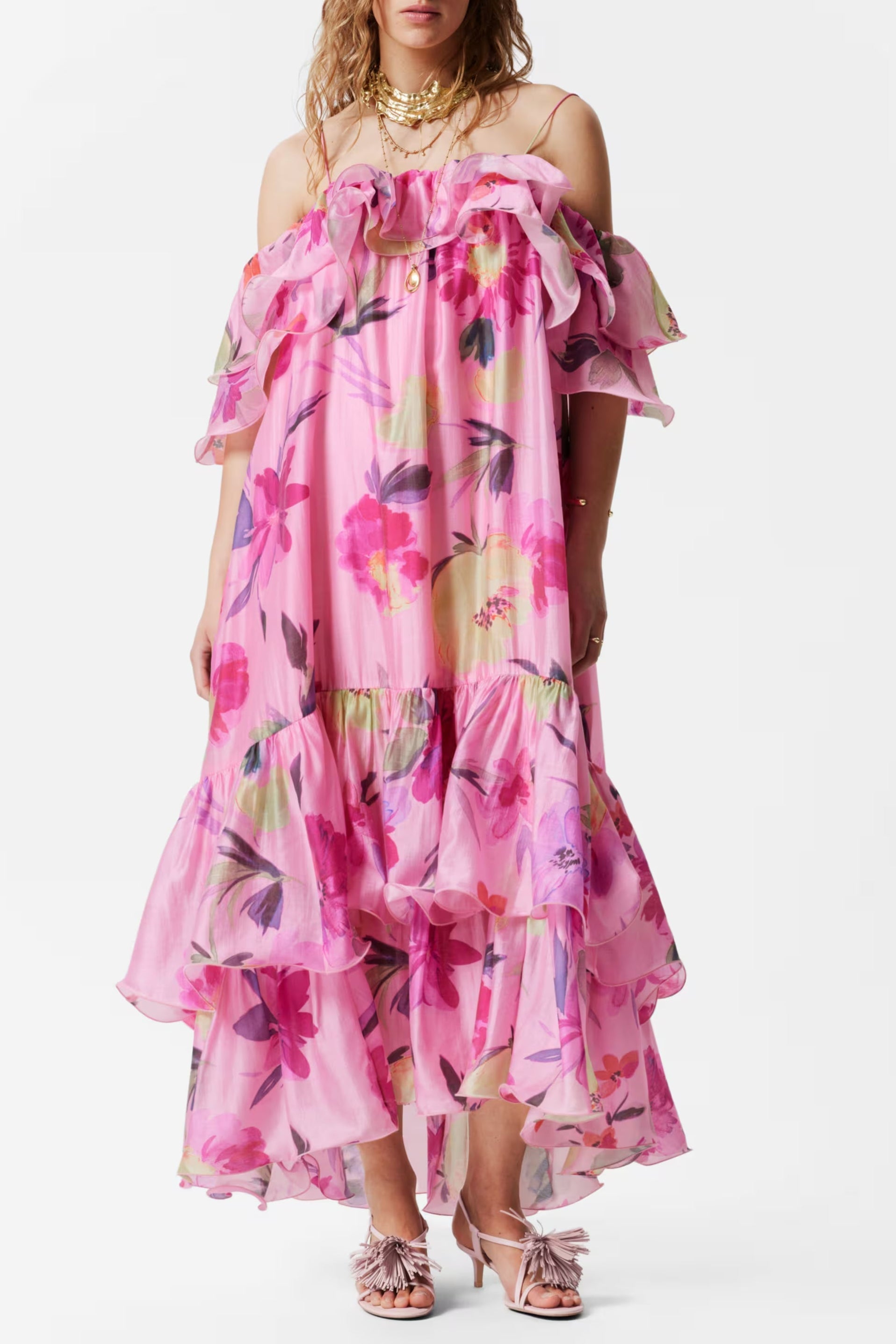 Hedwig Off-Shoulder Floral Printed Ruffle Maxi Dress in Rose Red Avalabel