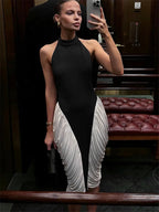 Colorblock Patchwork Sleeveless Pleated Midi Dress Avalabel