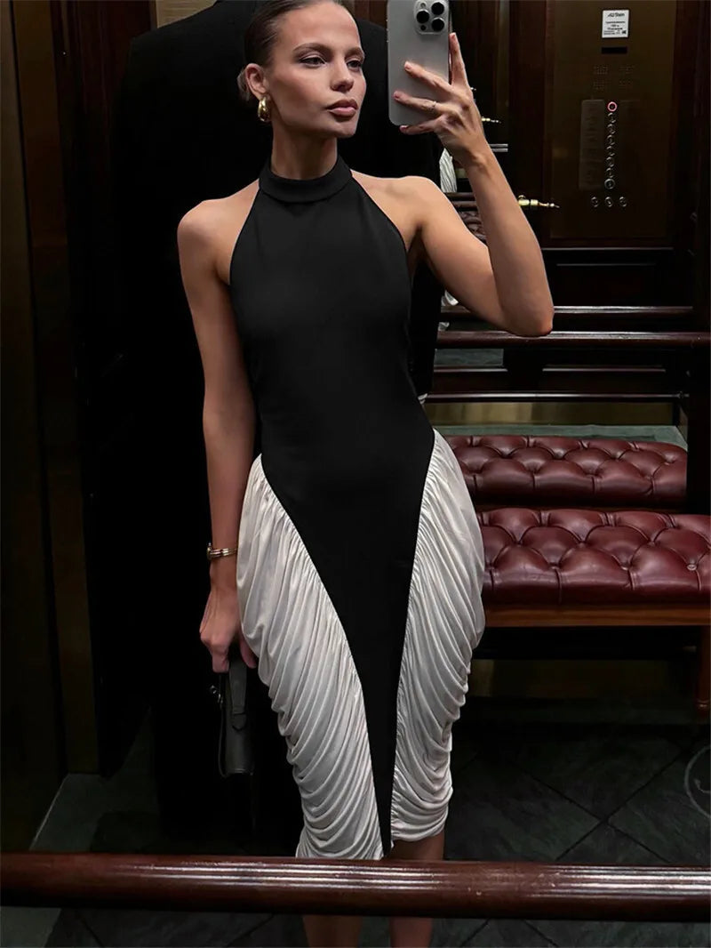 Colorblock Patchwork Sleeveless Pleated Midi Dress Avalabel