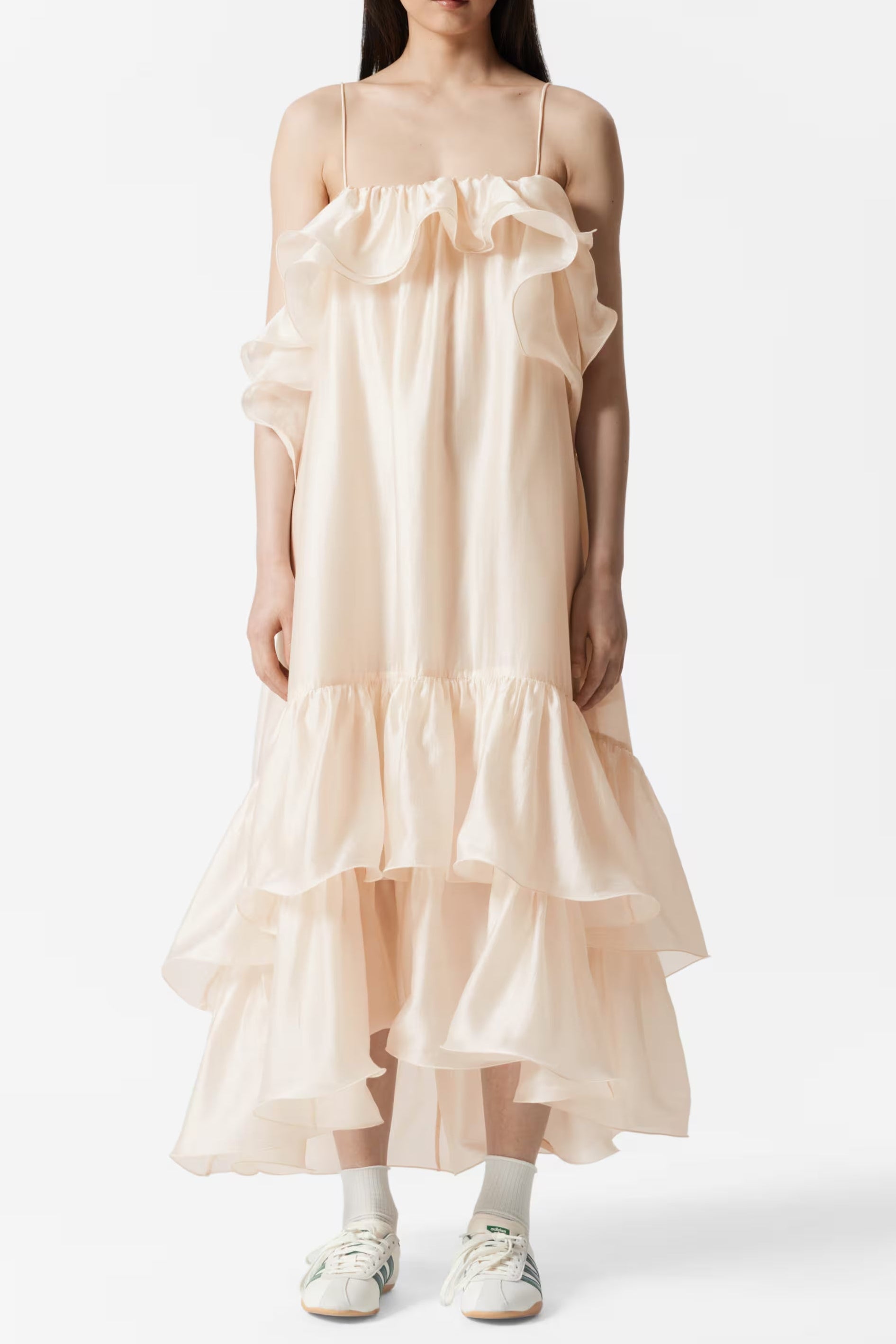 Hedwig Off-Shoulder Floral Printed Ruffle Maxi Dress in Beige Avalabel