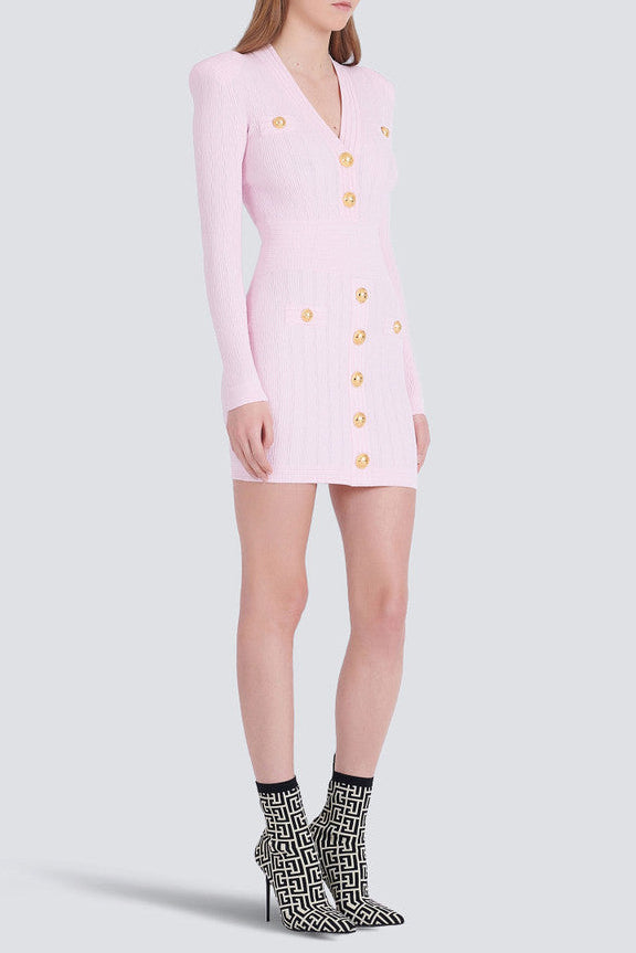 vicky v-neck button-detail ribbed mini dress in pink