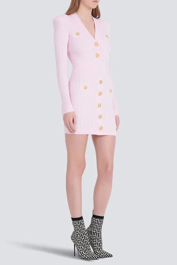vicky v-neck button-detail ribbed mini dress in pink Avalabel