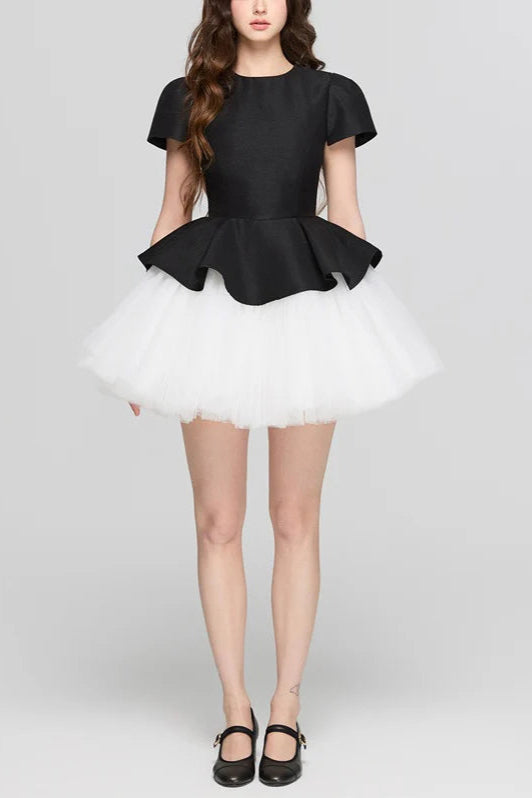 Two-Tone Velvet Ruffle Hem Puffy Mini Dress Avalabel