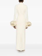 rachel white ruffled crystal-embellished crepe mock-neck gown Avalabel