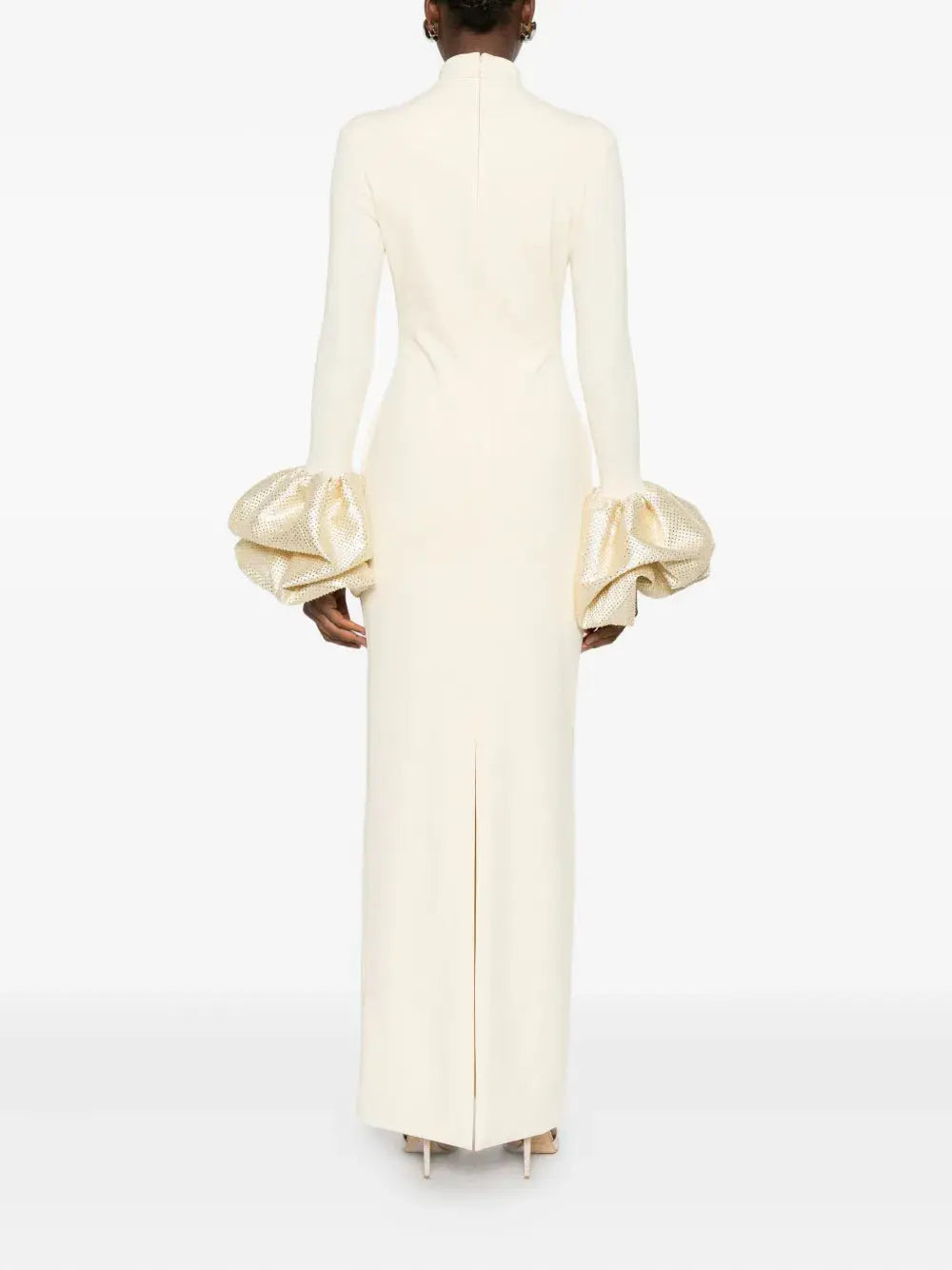 rachel white ruffled crystal-embellished crepe mock-neck gown Avalabel