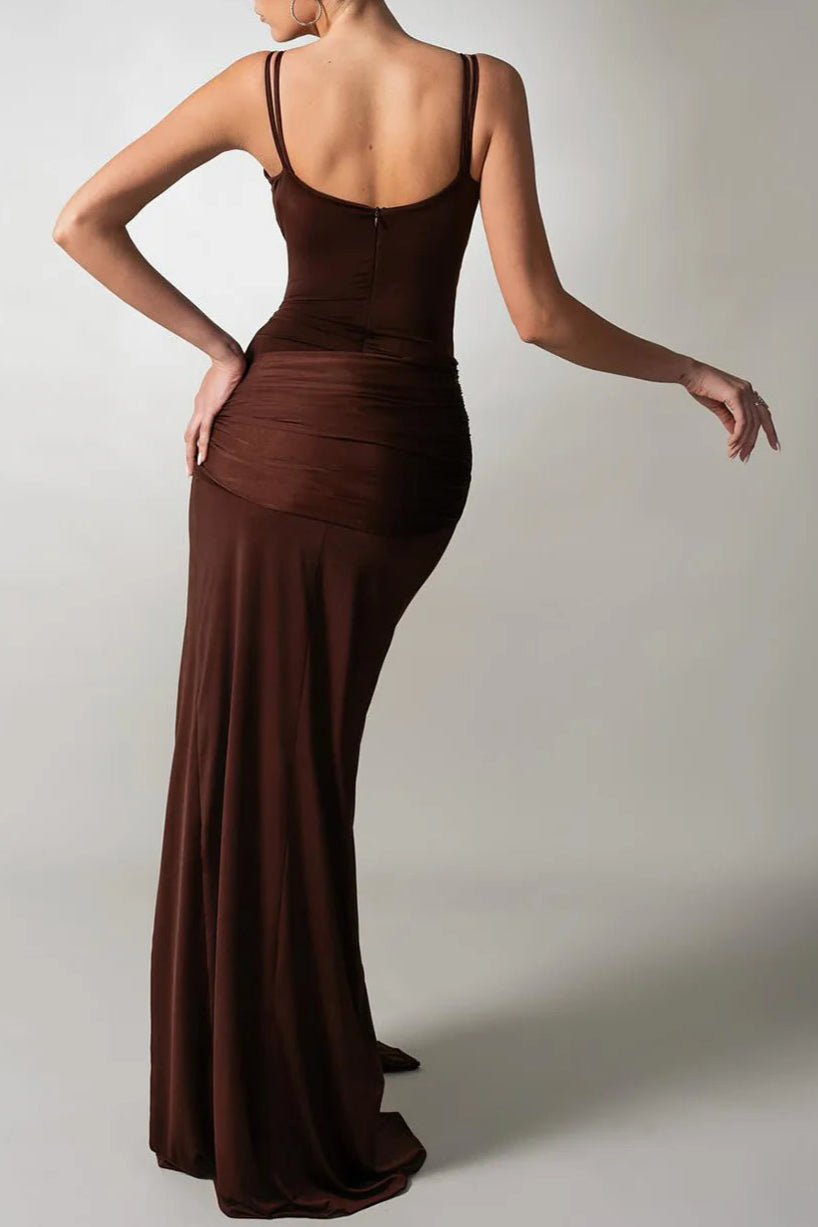Pleated Strappy Draped Slit Maxi Dress in Brown Avalabel