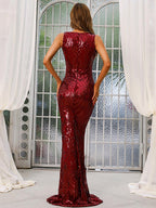 Nova V-Neck Split Golden Sequin Dress Avalabel