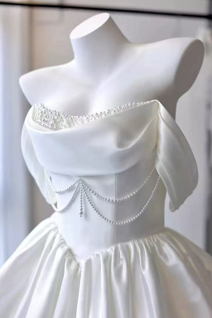 White Satin Beaded Off Shoulder Mini Dress Avalabel