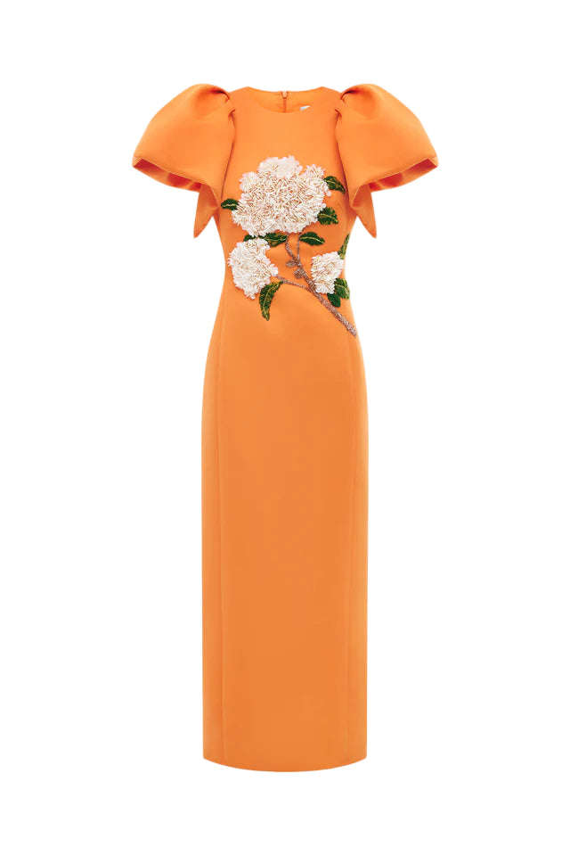 Edwina Embellished Maxi Dress Hydrangea Print in Tangerine Avalabel