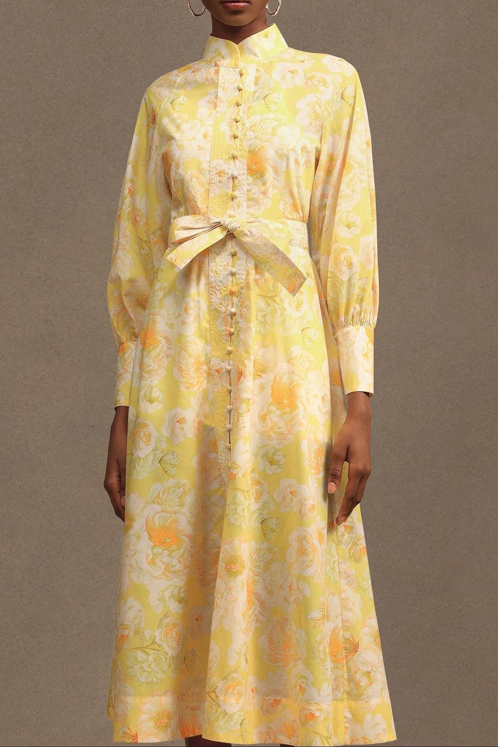xaviera Long Sleeve Floral Printed Chiffon Maxi Dress in yellow Avalabel