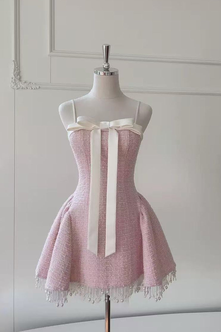 TWEED BOW MINI DRESS IN PINK Avalabel