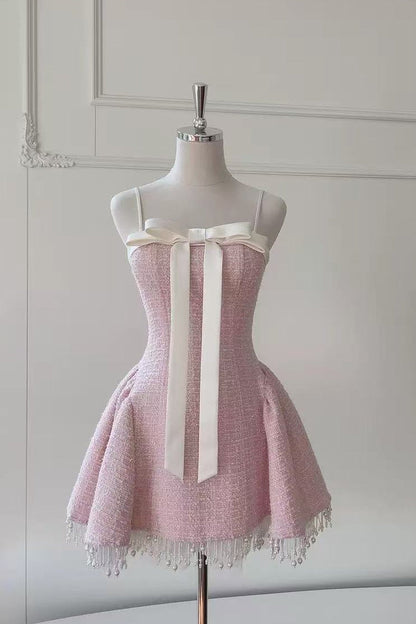 TWEED BOW MINI DRESS IN PINK