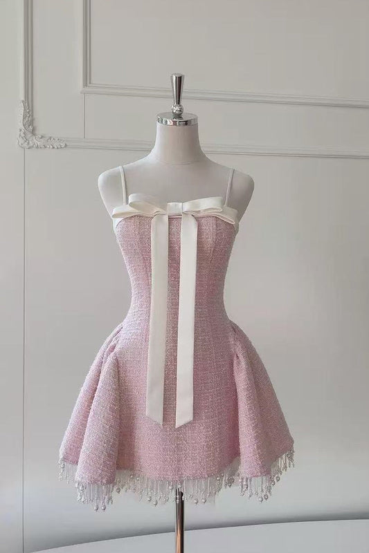 TWEED BOW MINI DRESS IN PINK