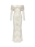julia Off-Shoulder Fur Collar Long Sleeve lace maxi dress in white Avalabel