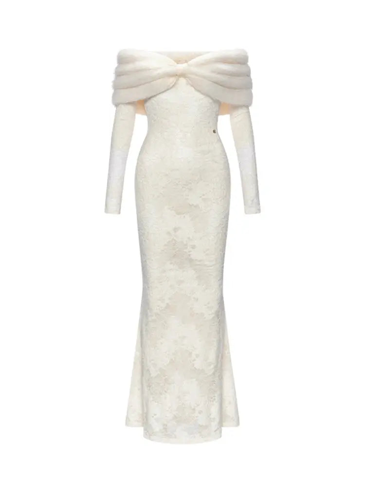 julia Off-Shoulder Fur Collar Long Sleeve lace maxi dress in white Avalabel