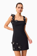 3D Flower Diamond Embellished Mini Dress in Black Avalabel