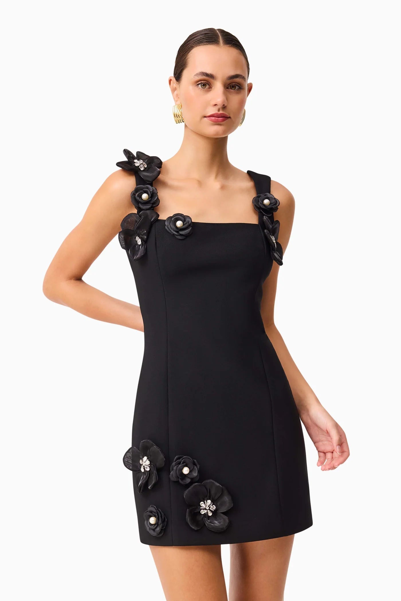3D Flower Diamond Embellished Mini Dress in Black Avalabel