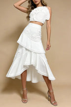 Nina Ruffled Strapless Top Floral Embroidered Mermaid Skirt Set - White Avalabel