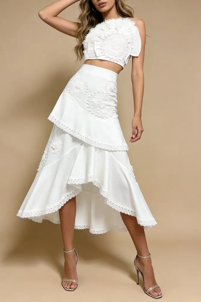 Nina Ruffled Strapless Top Floral Embroidered Mermaid Skirt Set - White Avalabel