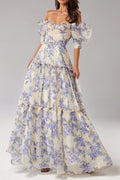 Hydrangea Print Voluminous Sleeves Maxi Dress in Blue Avalabel