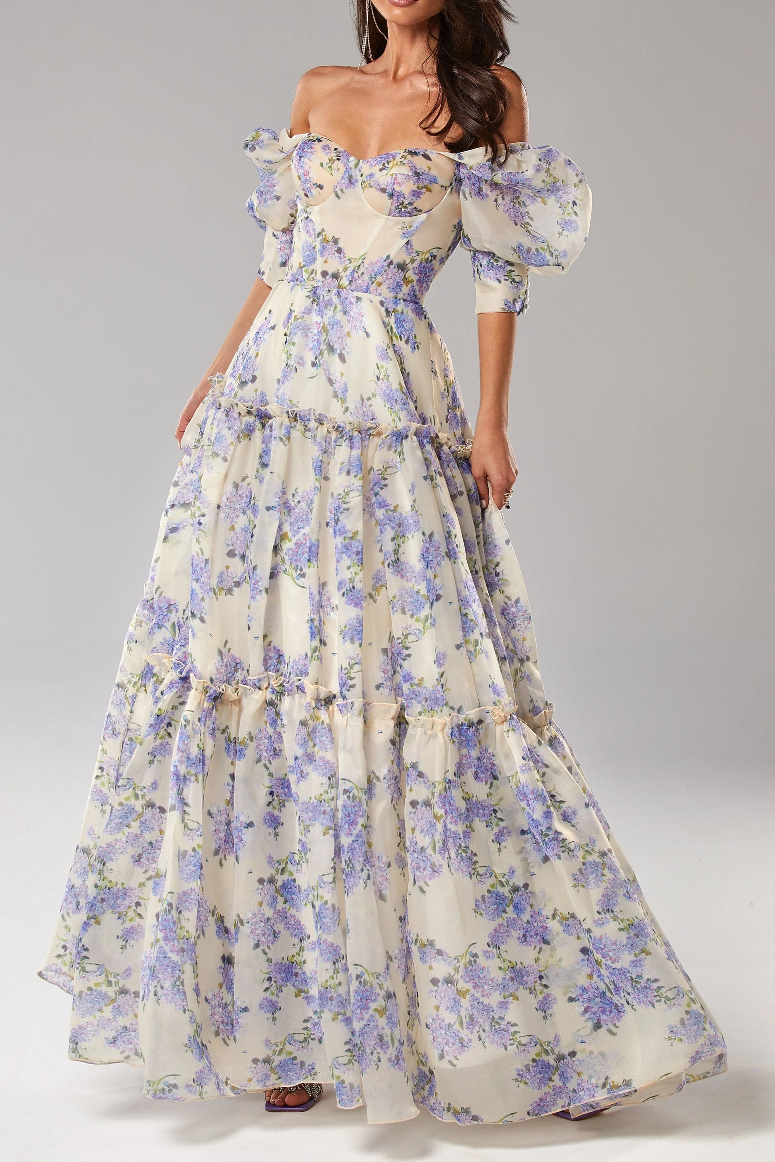 Hydrangea Print Voluminous Sleeves Maxi Dress in Blue Avalabel