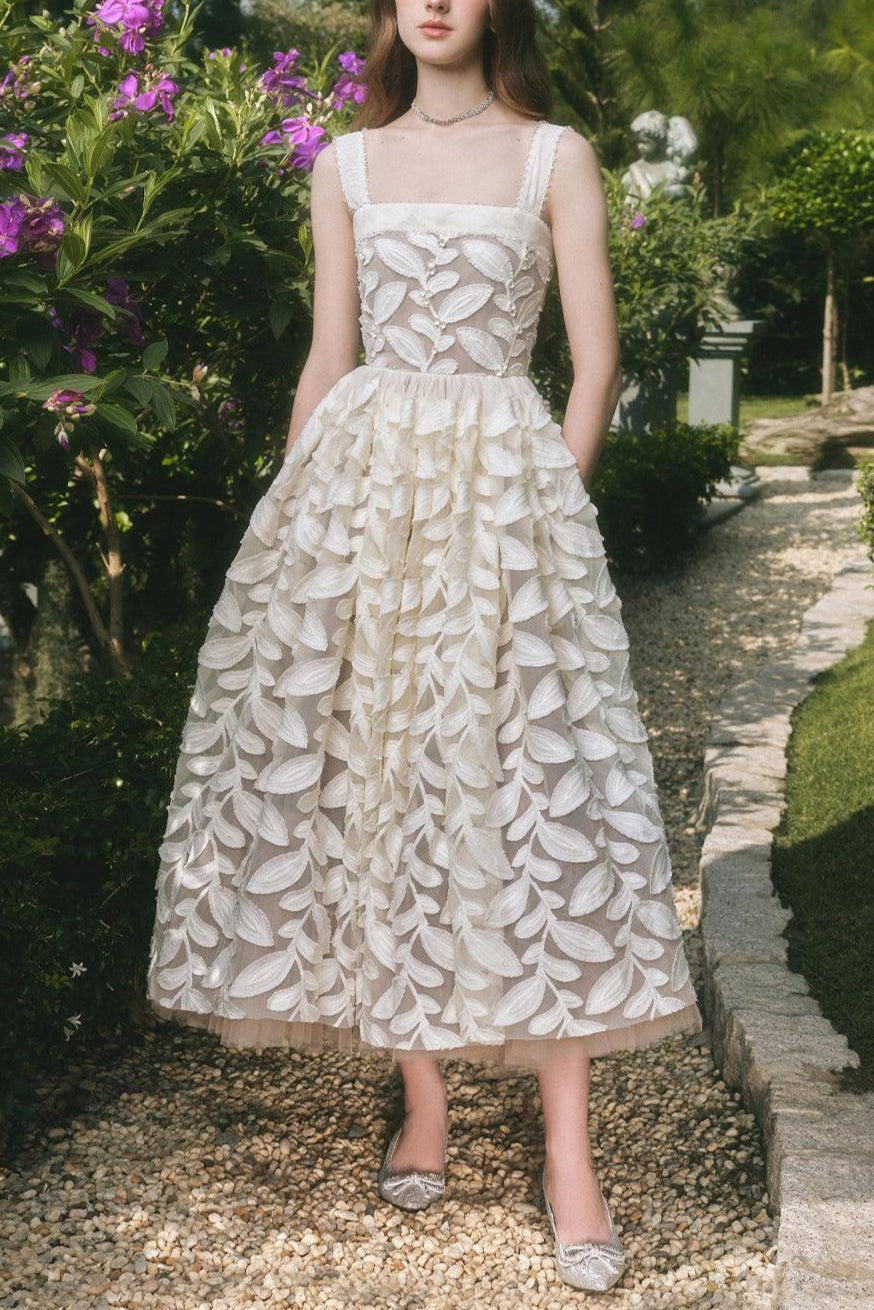 Fae A-line Square Neck Lace Midi Dress in cream white Avalabel