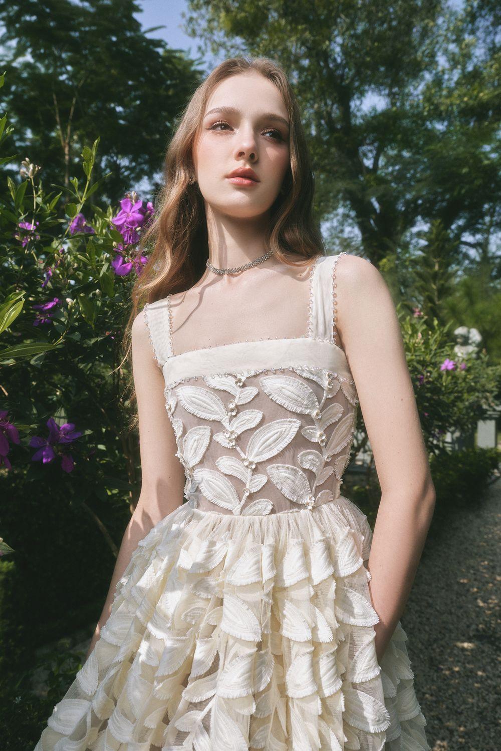 Fae A-line Square Neck Lace Midi Dress in cream white Avalabel