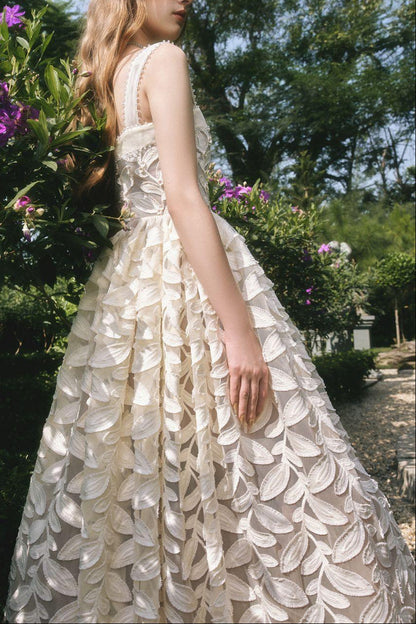 Fae A-line Square Neck Lace Midi Dress in cream white