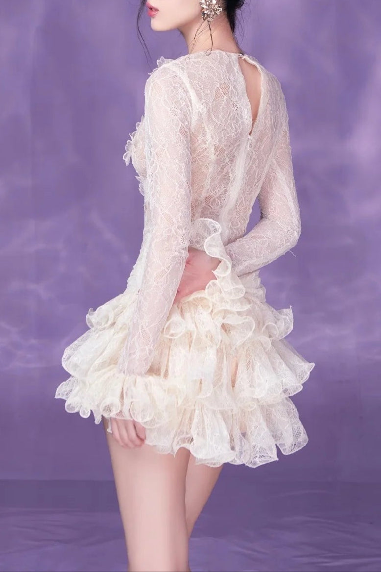 Eudora Lace Embroidery Ruched Trim Mini Dress in White Avalabel