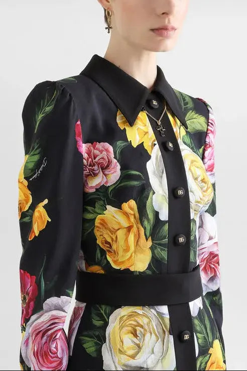 bernice rose print shirt midi dress in black Avalabel