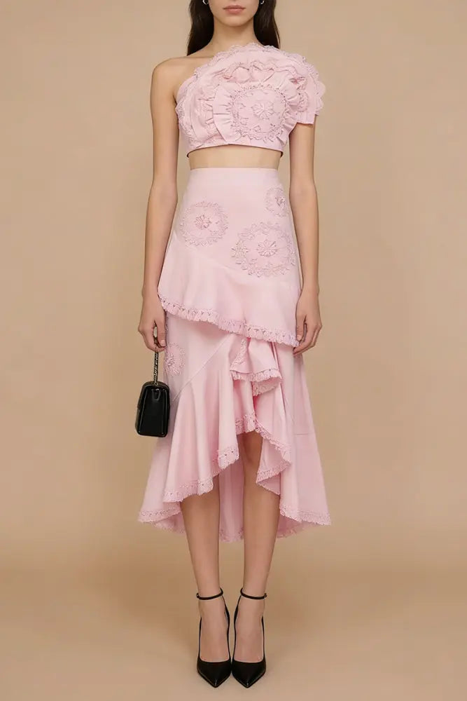Nina Ruffled Strapless Top Floral Embroidered Mermaid Skirt Set - Pink Avalabel