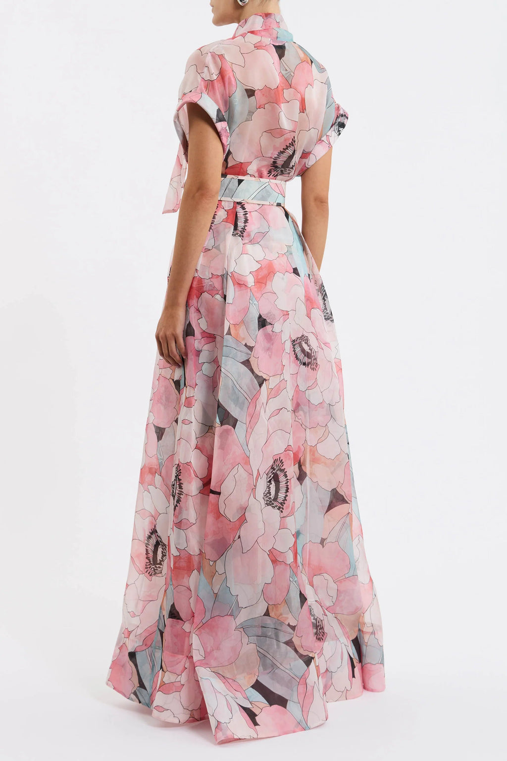 Floral Print Silk Organza Maxi Dress in Pink-Multi Avalabel