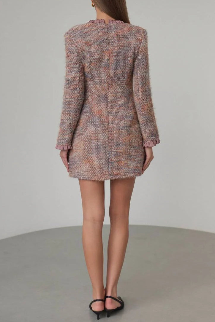 xylia bow v-neck long sleeve mini dress in multicolor Avalabel